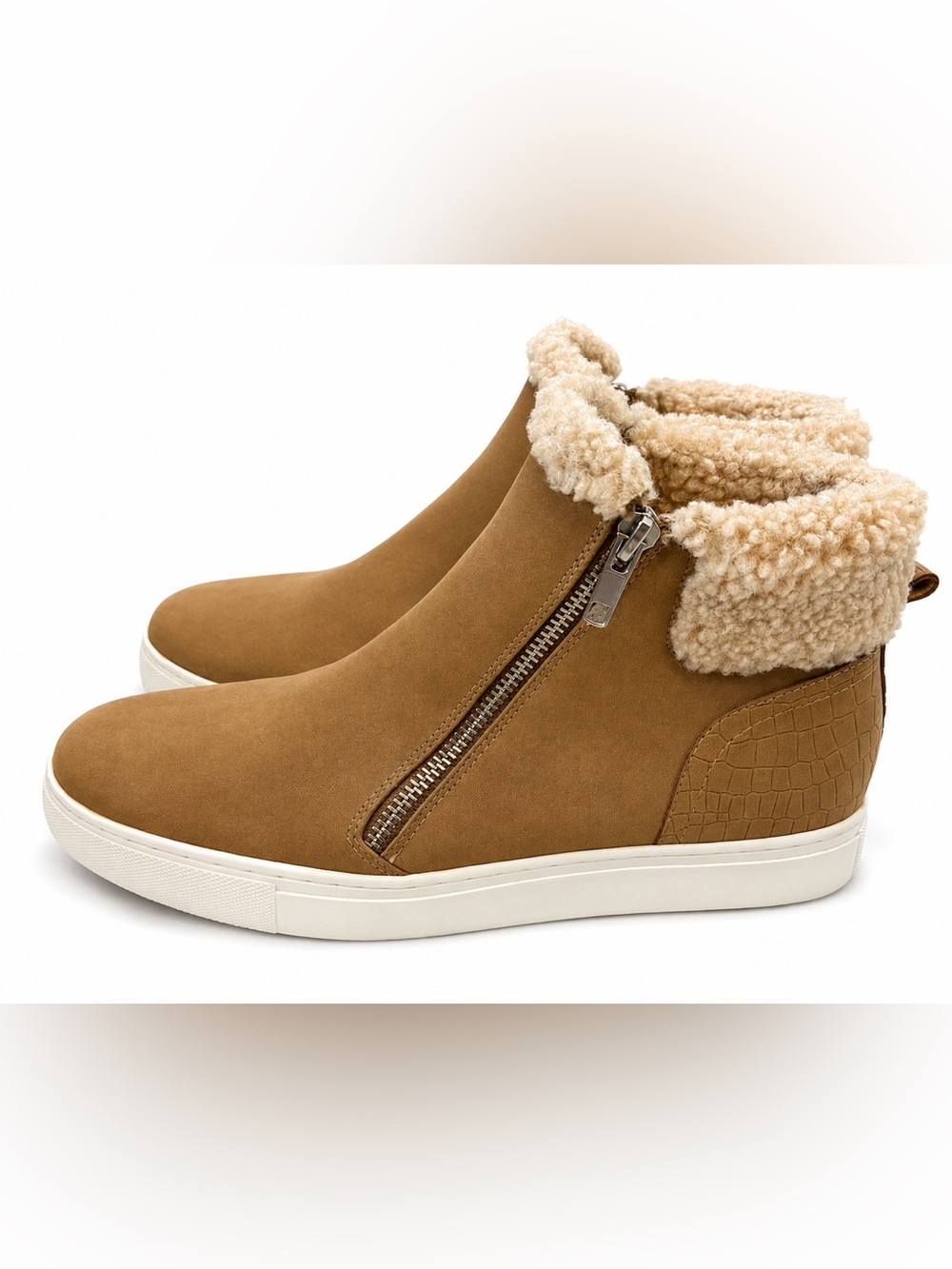 Dolce Vita Tan Suede Faux-Shearling Zip Ankle Boots